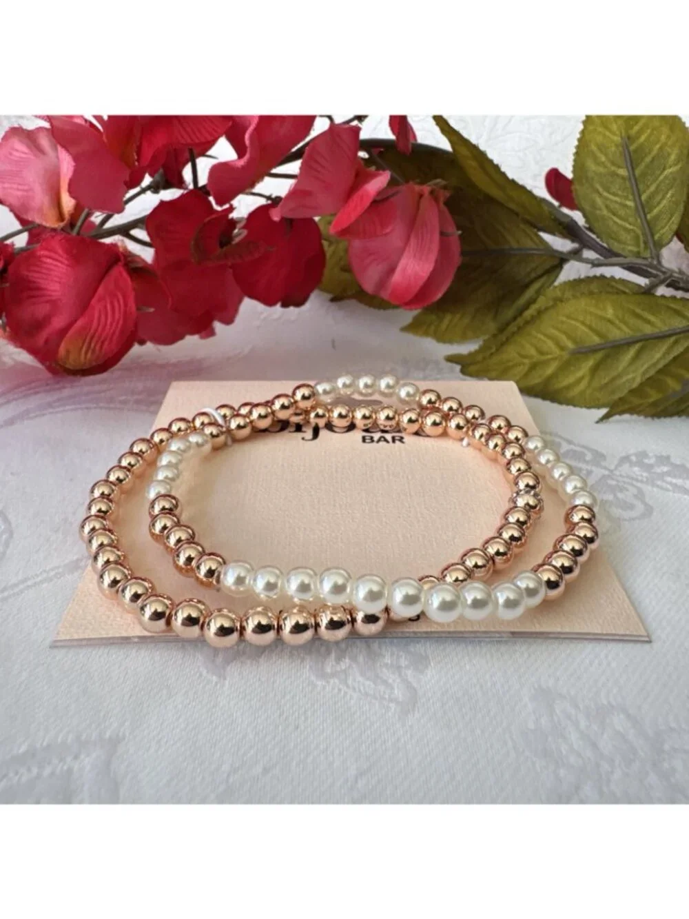 Bijoux Bar Delicates 2 PC Dainty Goldtone Pearl Bead Stretch Stack Bracelet NEW